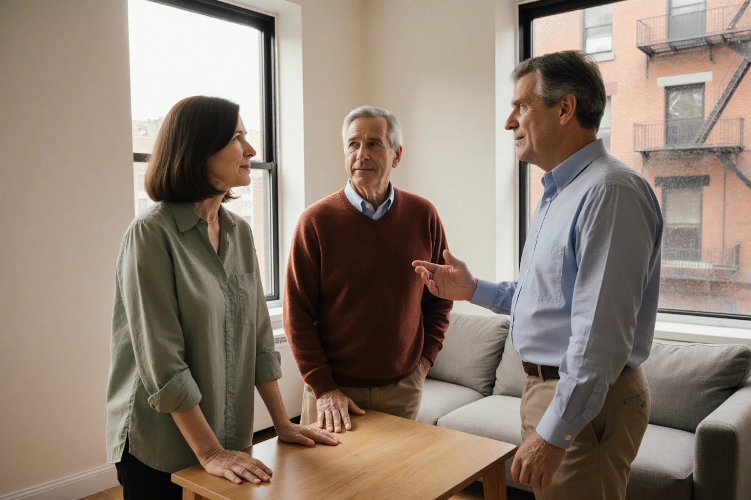 Three adults viewing a bright city apartment