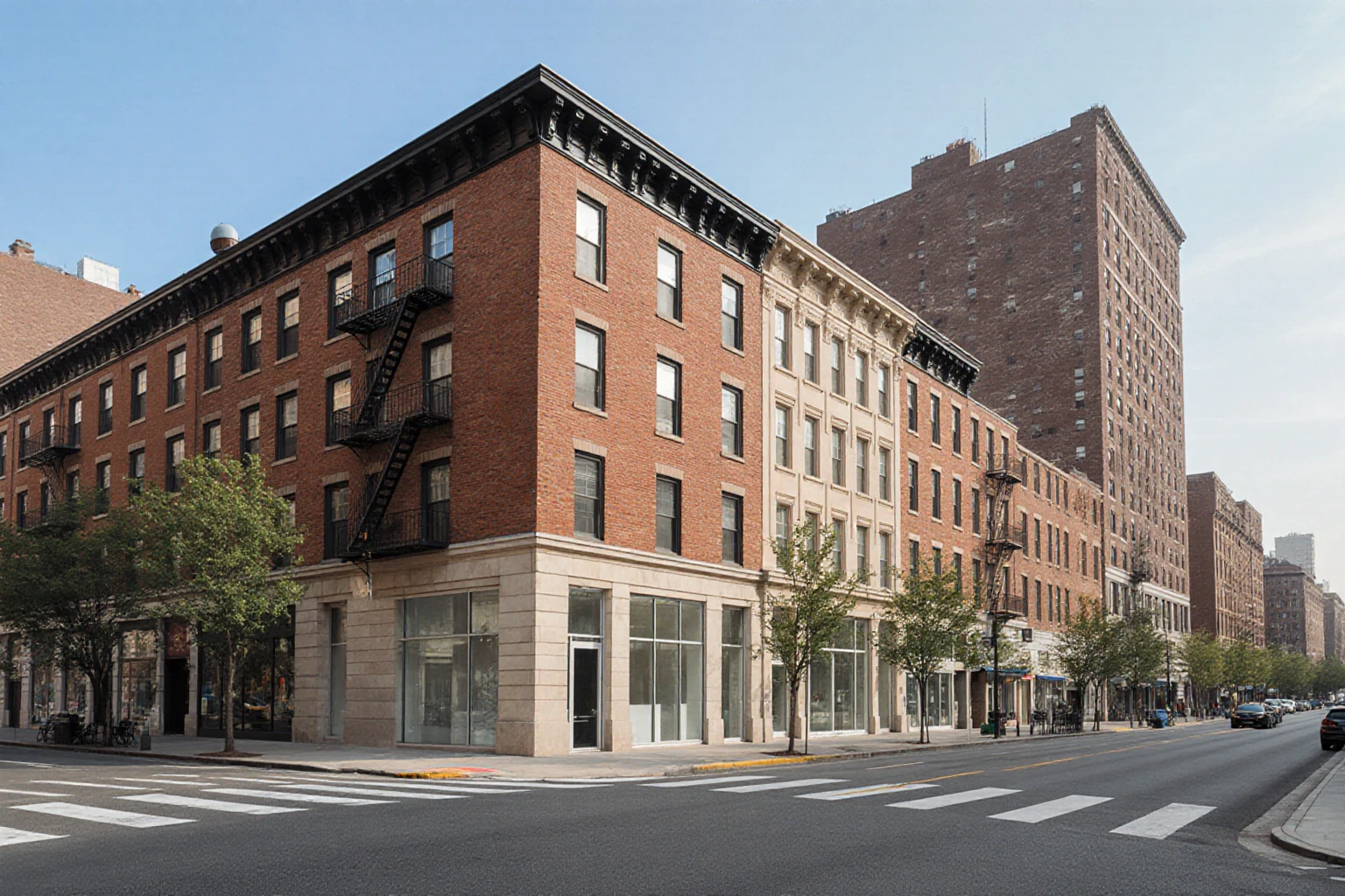 Street view of a Manhattan avenue with brick and stone buildings